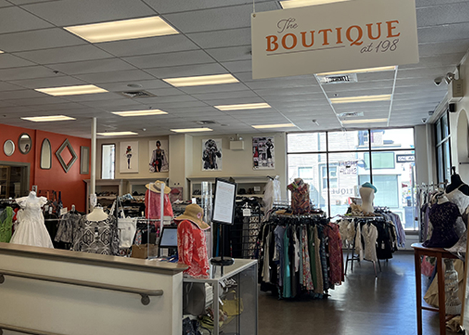 interior of the Boutique at 198, an upscale Thrift Shop offering premium names